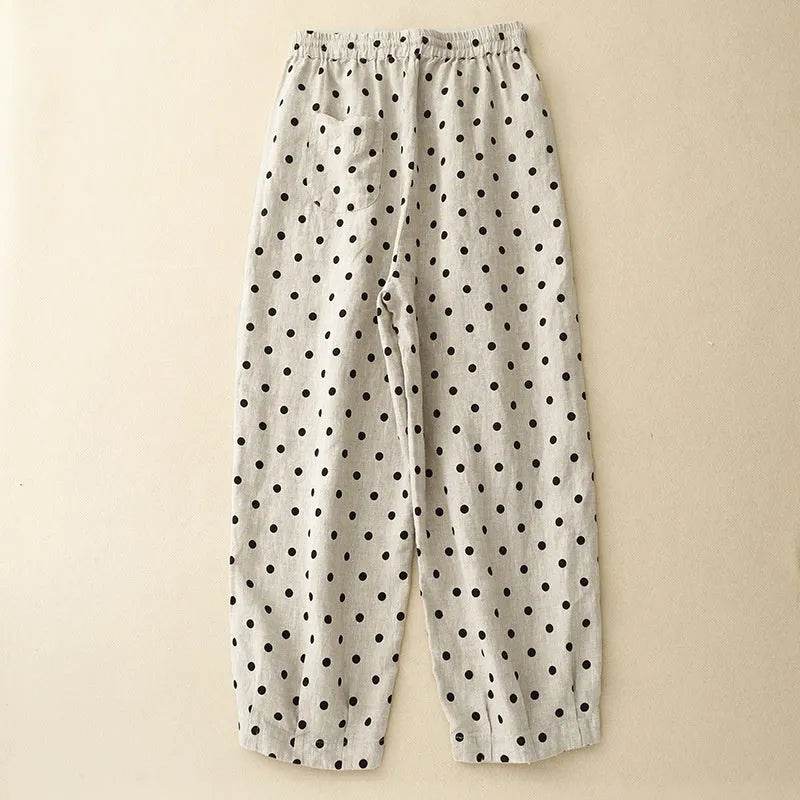 Cotton Hemp Polka Dots Tied Elastic Waist Harem wide leg trouser Pants For Women - EX-STOCK Canada