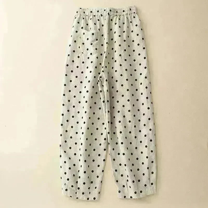 Cotton Hemp Polka Dots Tied Elastic Waist Harem wide leg trouser Pants For Women - EX-STOCK CANADA