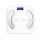 A white digital body fat scale with a square platform, curved leg plates, and a blue backlit LCD display showing '45.00%'.