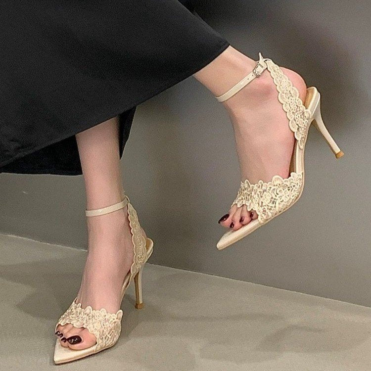 2026 Summer New French Niche Design Women Sandals, Pointed Toe Lace Stiletto High Heel Open Toe Outdoor Shoes 