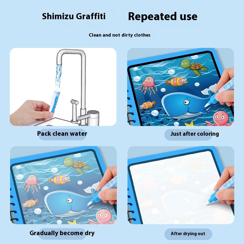 Shimizu Graffiti product with water usage and coloring demonstration on a blue background
