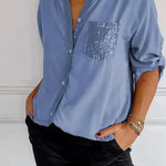 Casual Button-down Long Sleeve Shirt With Sequin Pocket Design Fashion Commuter Top Women Clothing - EX-STOCK CANADA
