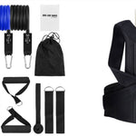 Assorted resistance bands and a black posture corrector on a white background
