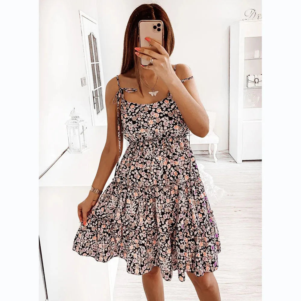 European And American Spring And Summer Small Floral Digital Printing Slip Dress - EX-STOCK CANADA