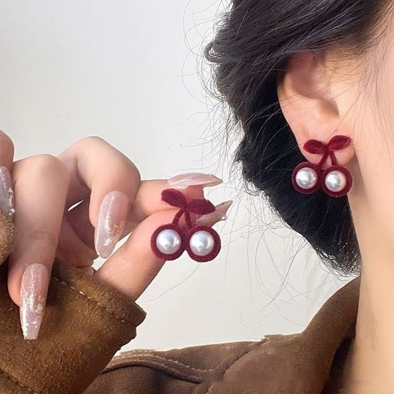 Autumn Winter Red Flocking Cherry Sweet Temperament Earrings | EX-STOCK product gallery photo 6
