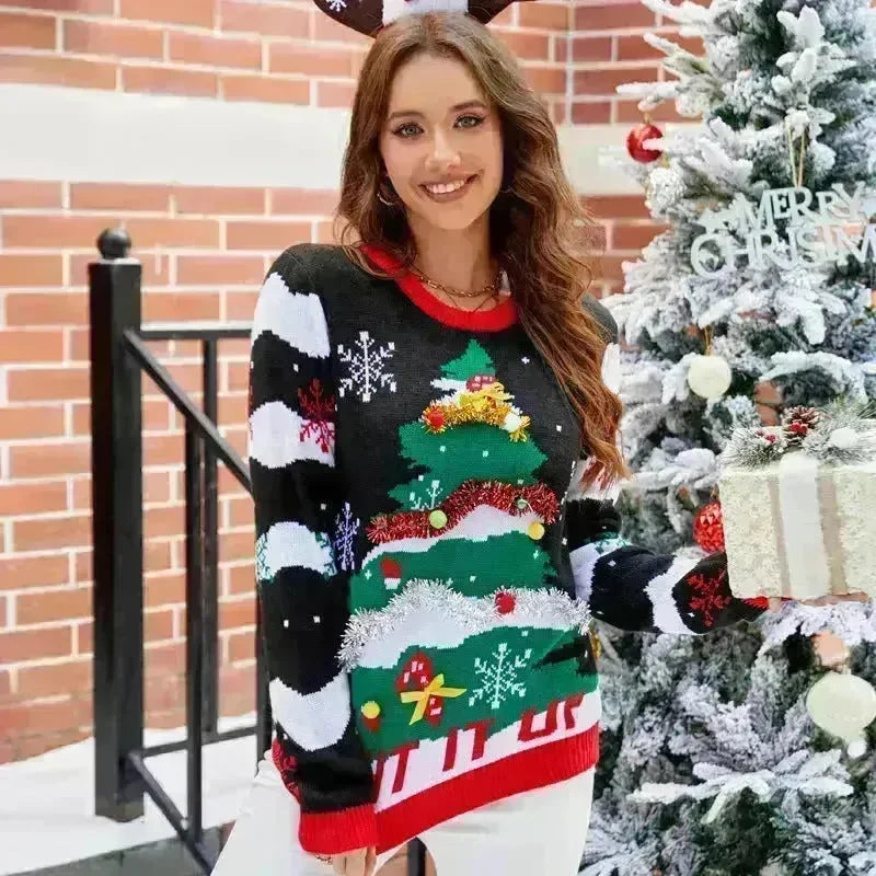 Women's Christmas Sweater Reindeer Xmas Snowflake Christmas Tree Patterns Knitted Sweater Long Sleeve Elk Letter Printed Pullover - EX-STOCK CANADA
