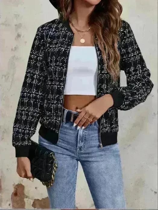 Autumn Winter Casual Long Sleeve plaid Houndstooth  zipper outwear jacket women - EX-STOCK CANADA