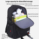 Black backpack with various compartments and items, featuring text on storage capacity and features.