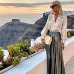 Satin Long Sleeve Shirt & Glossy pleated maxi Skirt 2pcs - EX-STOCK Canada