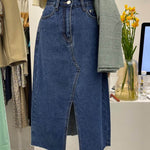 Casual Front Slit Dark Blue and Light Blue Denim Midi Skirt for women - EX-STOCK Canada