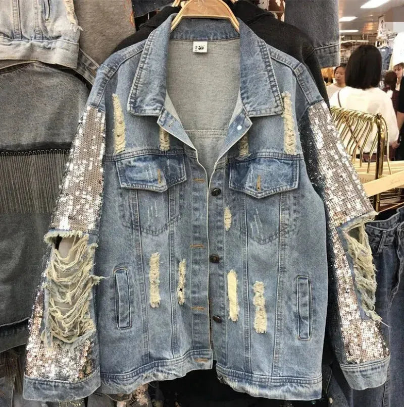 Street Fashion Heavy Industry lose Ripped Sequined Sleeve Denim Jacket Women - EX-STOCK CANADA