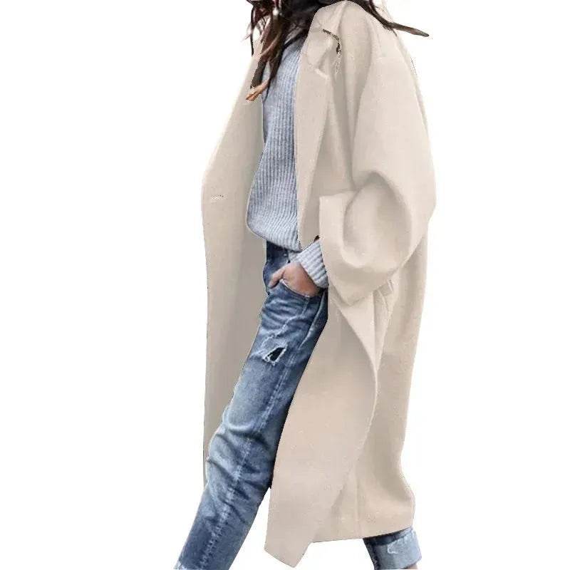 Lapel Single Breasted Women Winter Solid Woolen Trench Coat Long Jacket - EX-STOCK Canada