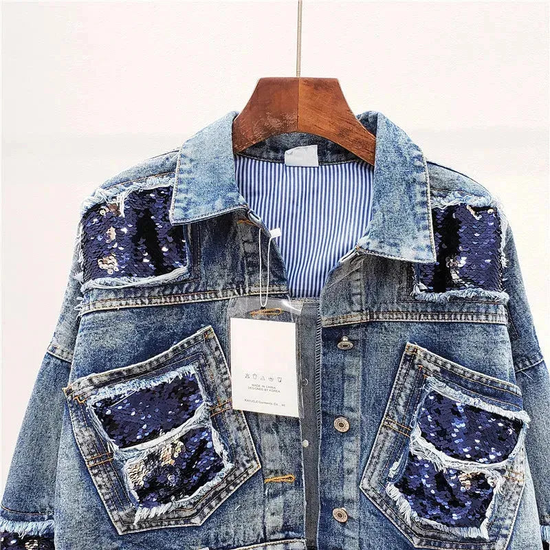 Heavy Industry Sequins Short Doll Sleeve Denim Jacket Women - EX-STOCK CANADA