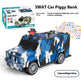Camouflage blue SWAT car piggy bank with packaging and features listed.