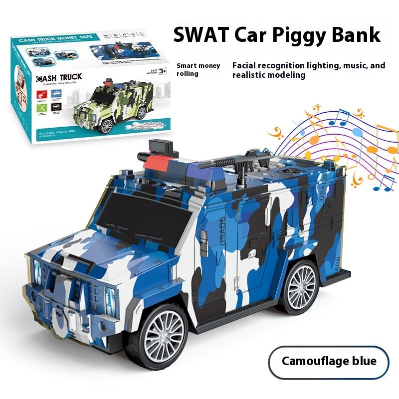 Camouflage blue SWAT car piggy bank with packaging and features listed.