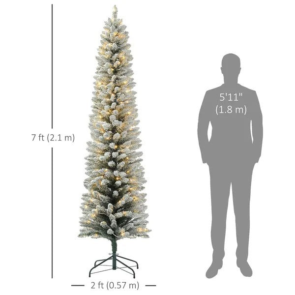 7ft Artificial Prelit Christmas Tree With Warm White LED Light, Snow Flocked Branches, Metal Base, Pencil Xmas Tree EX-STOCK Canada 