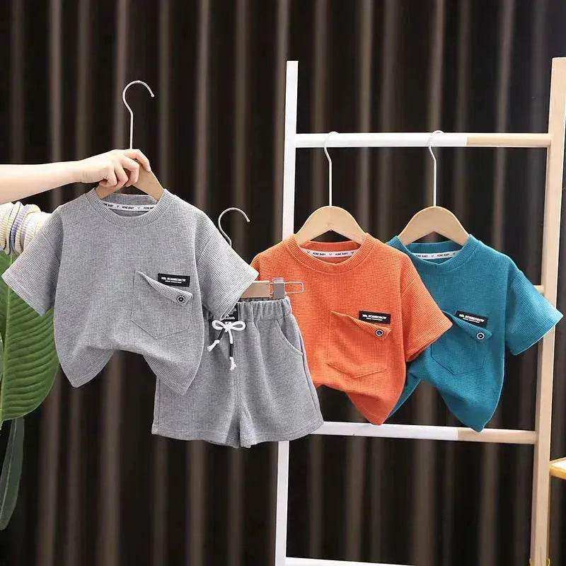 Children's Summer Clothing Casual Plain color Cotton Short Sleeve shirt and Short pant Two-piece Set - EX-STOCK Canada