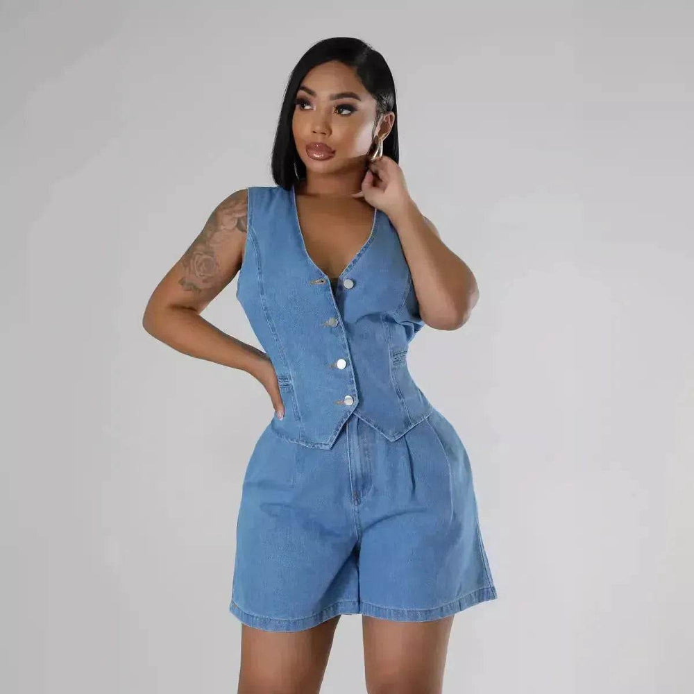 Fashion Casual Sleeveless High Waist Women's Denim Shorts Suit Denim 2 piece sets - EX-STOCK Canada