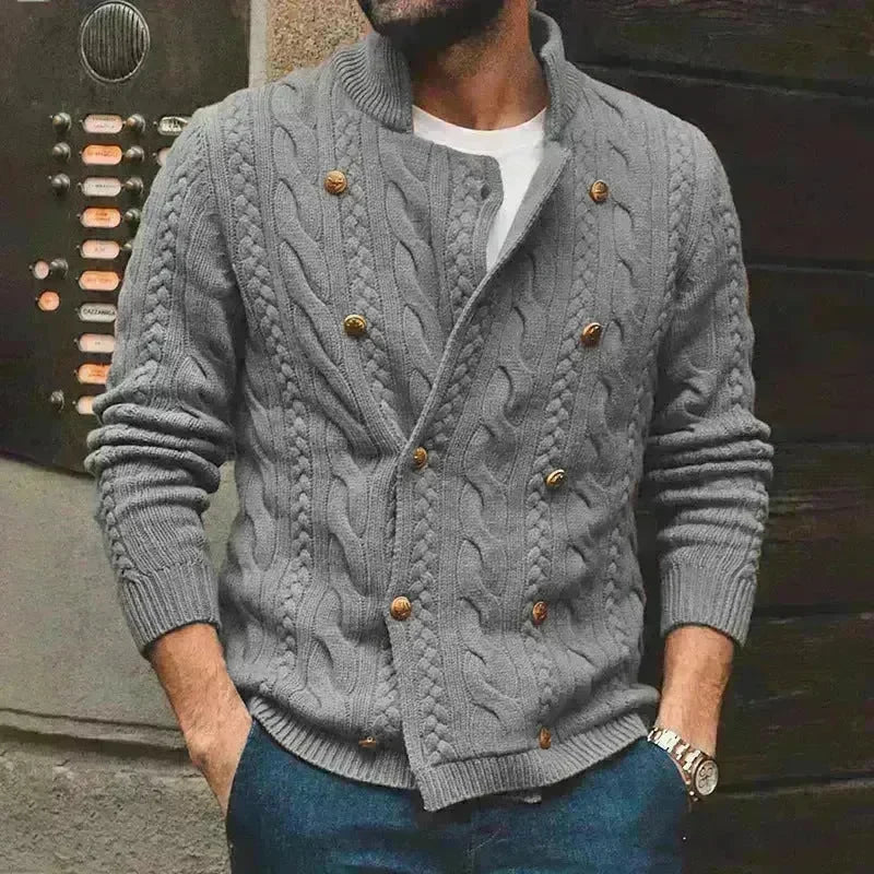 Men's Pure Color Half Collar Double-breasted Knitted Sweater Coat - EX-STOCK CANADA