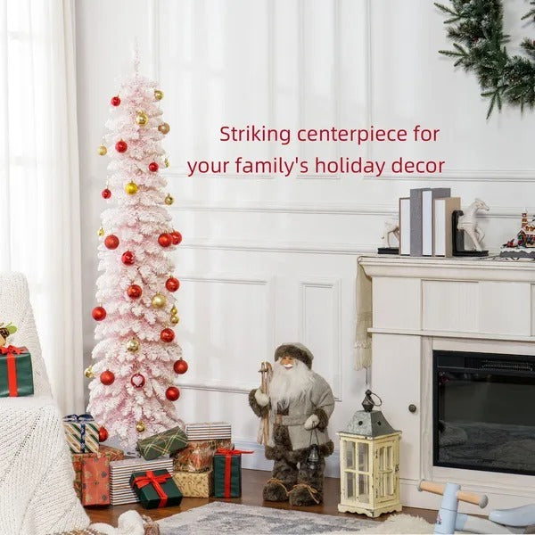 6ft Snow-Flocked Artificial Christmas Tree, Slim Pencil Xmas Tree With 395 Realistic Branches, Metal Base EX-STOCK Canada 