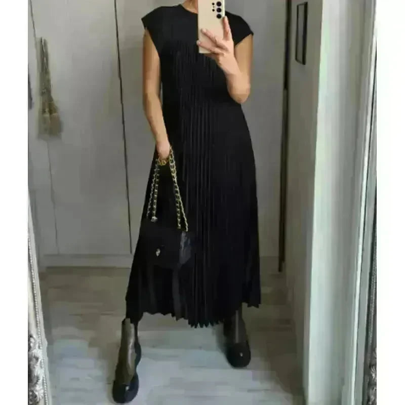 Women Summer Pleated Maxi Dress Casual Short Sleeve Crewneck Flowy Swing Long Dress with Pockets - EX-STOCK CANADA