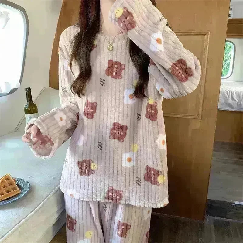 2pcs Women's Fall Winter Warm Pajamas Sets Coral Long Sleeve Cute Cartoon Bear Sleepwear Nightclothes - EX-STOCK CANADA