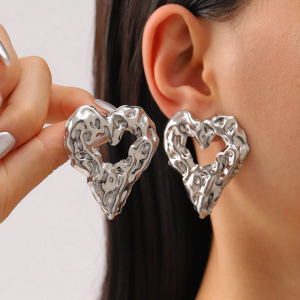 New Pleated Lava Hollow Heart-shaped Earrings Personality Exaggerated Love Earrings For Women Valentine's Day Jewelry - EX-STOCK Canada