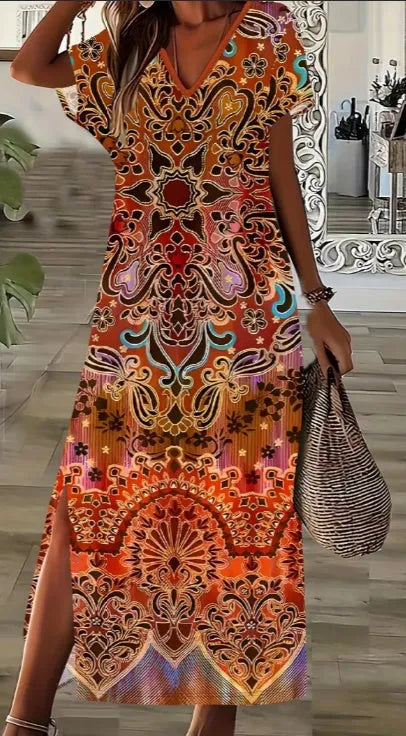 Spring Summer Boho-Chic Plus Size Floral Print Dress Side Slit maxi dress - EX-STOCK CANADA
