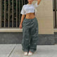 Casual Cargo Pants For Women Solid Color Drawstring Pocket Design Fashion Street Trousers Girls - EX-STOCK CANADA