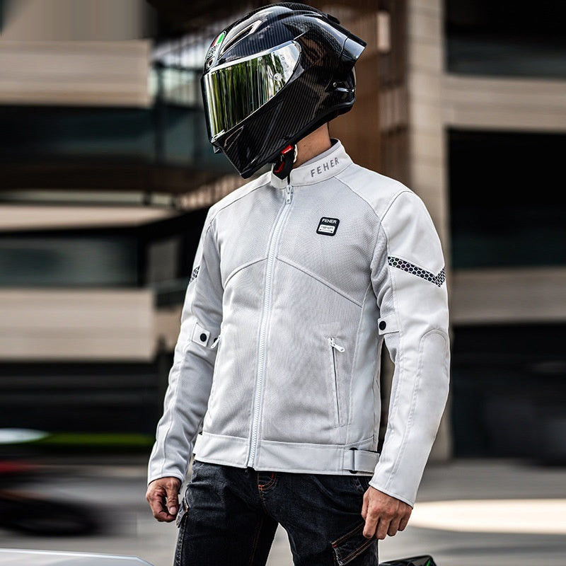 FEHER Men's Mesh Motorcycle Riding Jacket – Breathable Honeycomb, Black & Silver Gray, XS–5XL