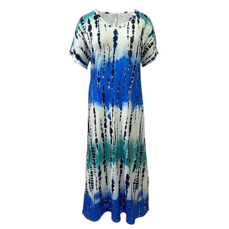 Women's Summer Tie Dye Maxi Dress Short Sleeve V Neck Casual Loose Long Split Dresses EX-STOCK