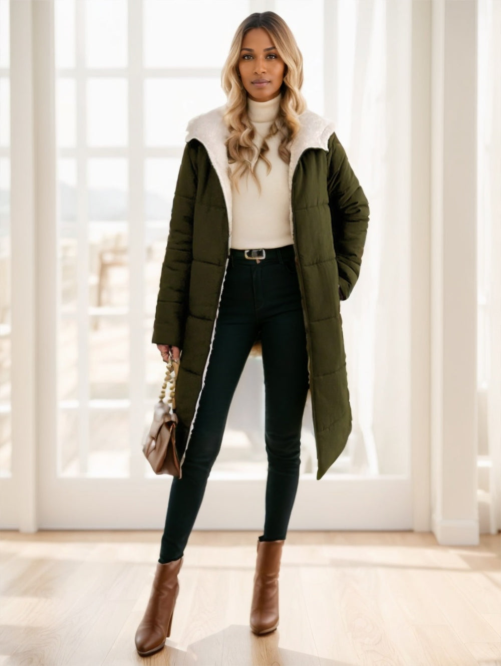 Woman wearing a green puffer coat, white turtleneck, black pants, and brown boots in a bright room.