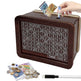 Wooden money box with a digital display and coins around it