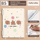 A spiral-bound planner or notebook cover labeled 'B5 size' and 'Fluffy Coffee' shown on a beige background with feature callouts. The cover is cream-colored with pastel paint-splatter dots and three cute brown bear faces.
