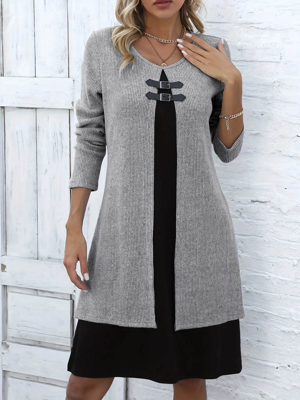 Contrast Color Buckled Round Neck Fashion Winter Sweater Dress - EX-STOCK Canada