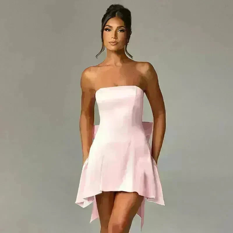 Women's Mini Tube Dress With Big Bow Summer Fashion Tube Top Short Skater Dress. - EX-STOCK CANADA