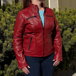 Women's Classic Lamb Leather Jacket. Round Collar with Studs, 4 Zippered Pockets & Shoulder Accent Stitching