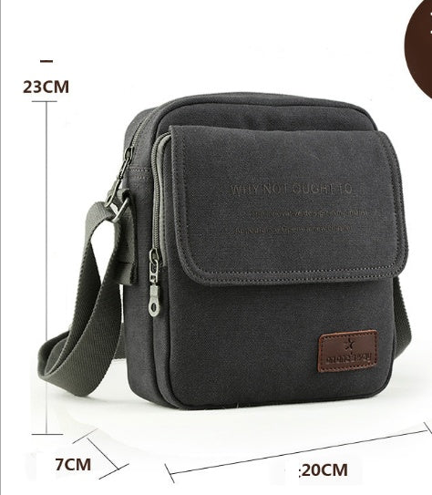 Black crossbody bag with measurements on a white background