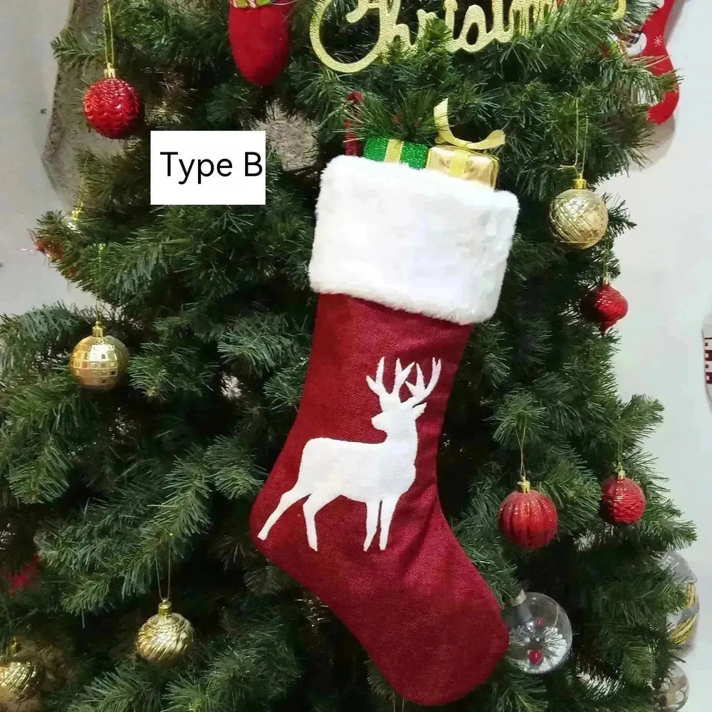 Christmas Stockings Gift Bag Red Hemp Elk Embroidery Christmas Stockings Gift Pendant - EX-STOCK CANADA