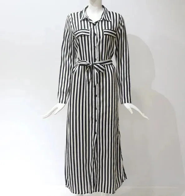 Stripe Shirt Women's Dress Spring Summer Chiffon V-neck Sexy Maxi Dresses Sexy Elegant Casual Girl Lace Women Long Sleeve - EX-STOCK CANADA