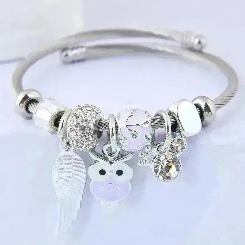 DIY Beaded Owl Angel Wings Pendant Stainless Steel Bracelet - EX-STOCK CANADA