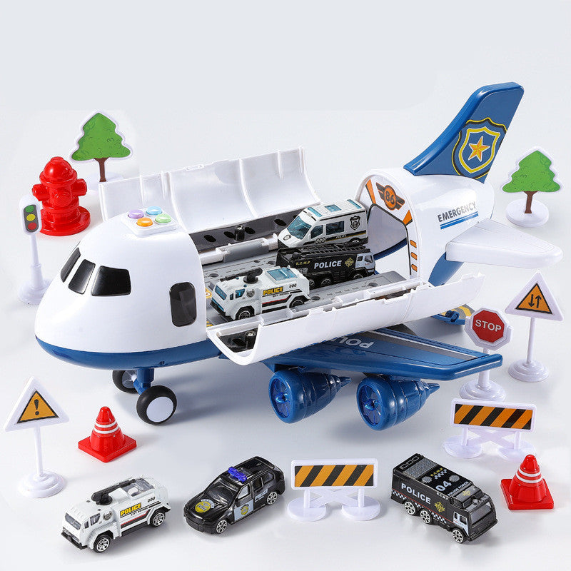 Toy airplane with police vehicles and accessories on a white background