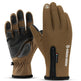 Pair of brown and black gloves with a visible brand logo on a white background