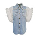 Single Breasted Lapel Frayed denim jacket Clothing top women - EX-STOCK CANADA