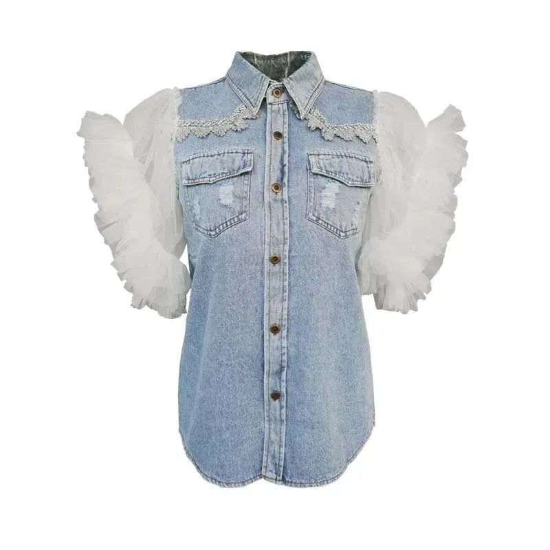 Single Breasted Lapel Frayed denim jacket Clothing top women - EX-STOCK CANADA