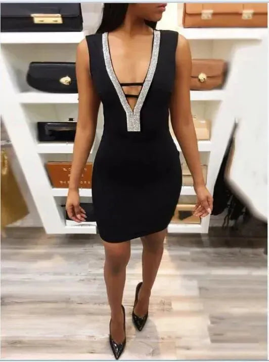 Sexy Slim Ladies Deep V-neck Bodycon Party Dresses Women Summer Sleeveless Hollow Out Backless Package Hip Dress Clubwear - EX-STOCK CANADA
