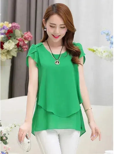 New Spring Summer Women Chiffon Loose Blouse  top O-Neck Short sleeve Plus size - EX-STOCK CANADA
