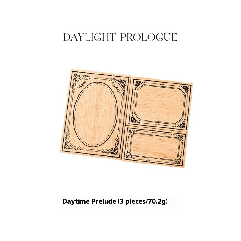 Three wooden stamp blocks with engraved decorative frames and oval/rectangular cavities, shown on a white background with the text 'DAYLIGHT PROLOGUE' above and 'Daytime Prelude (3 pieces/70.2g)' below.