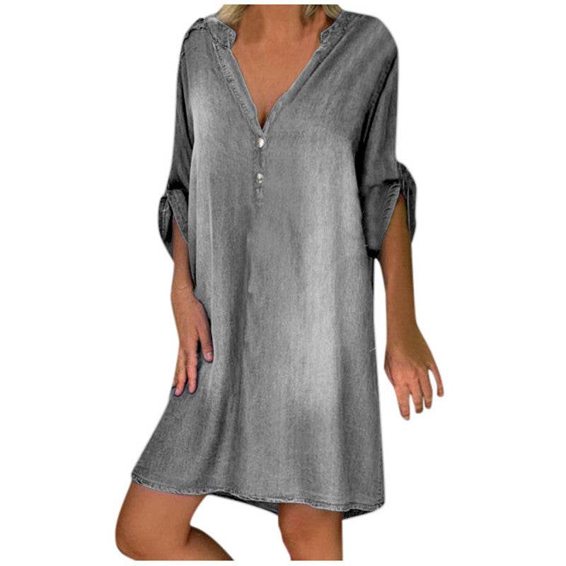 Casual Half Button Mid-sleeve loose Washed denim dress - EX-STOCK Canada