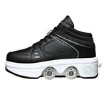 Black high-top sneaker with white platform and roller wheels on a white background